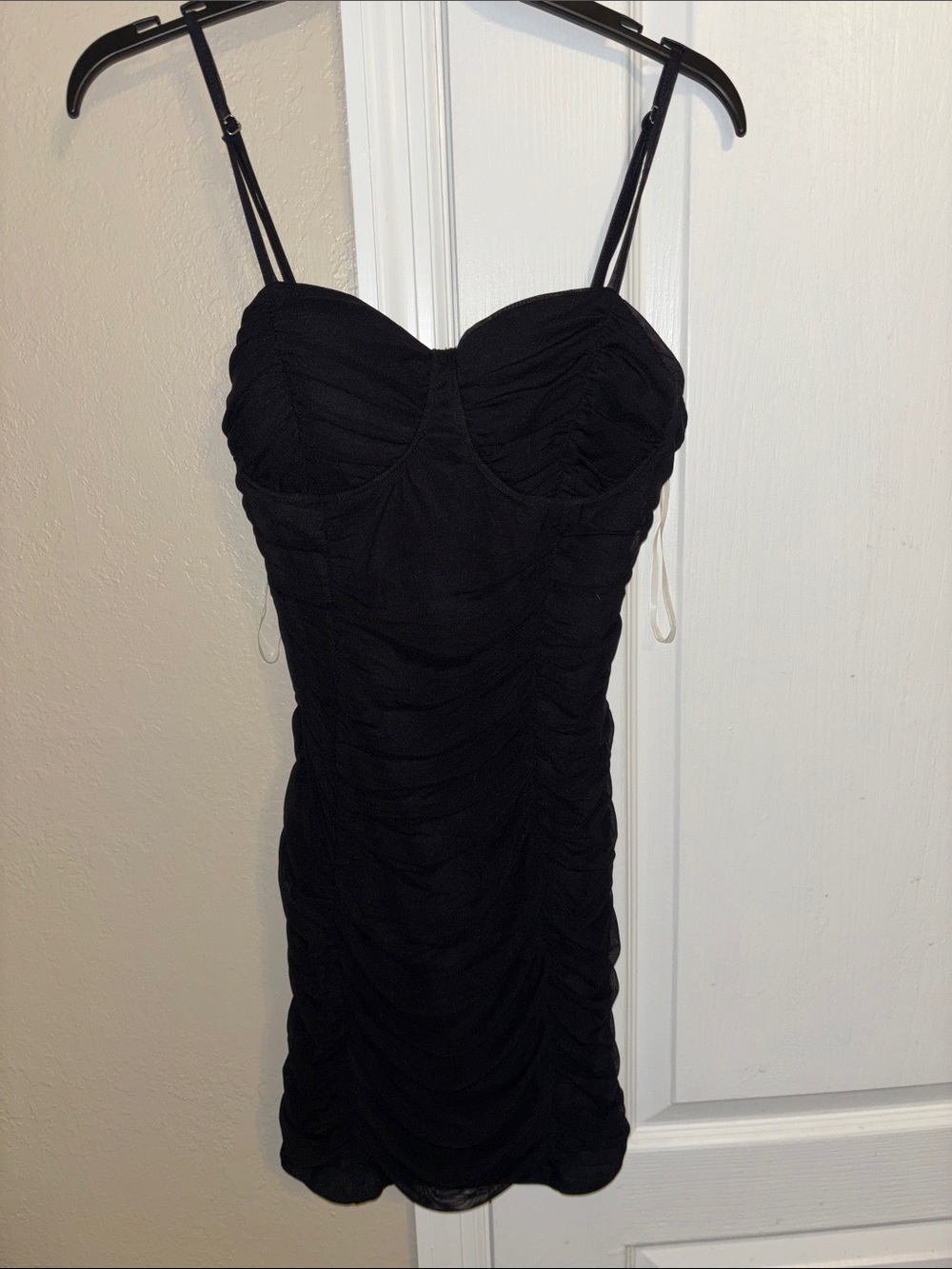 Shinestar Black Ruched Mini Dress with Adjustable Spaghetti Straps